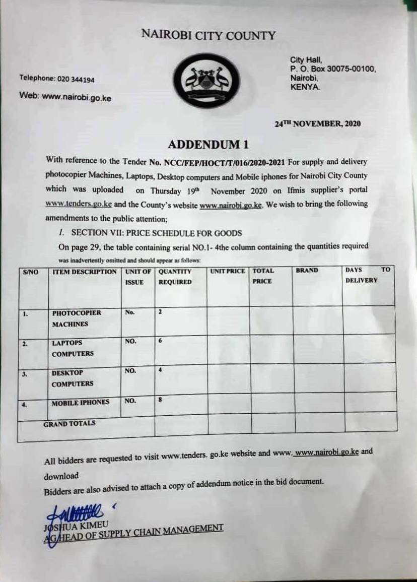 ADDENDUM1 -TENDER NO- NCC/FEP/HOCT/T/016/2020-2021-SUPPLY AND DELIVERY OF PHOTOCOPIER MACHINES, LAPTOPS, DESKTOP COMPUTERS AND MOBILE IPHONES (OPEN TENDER) | Nairobi City County