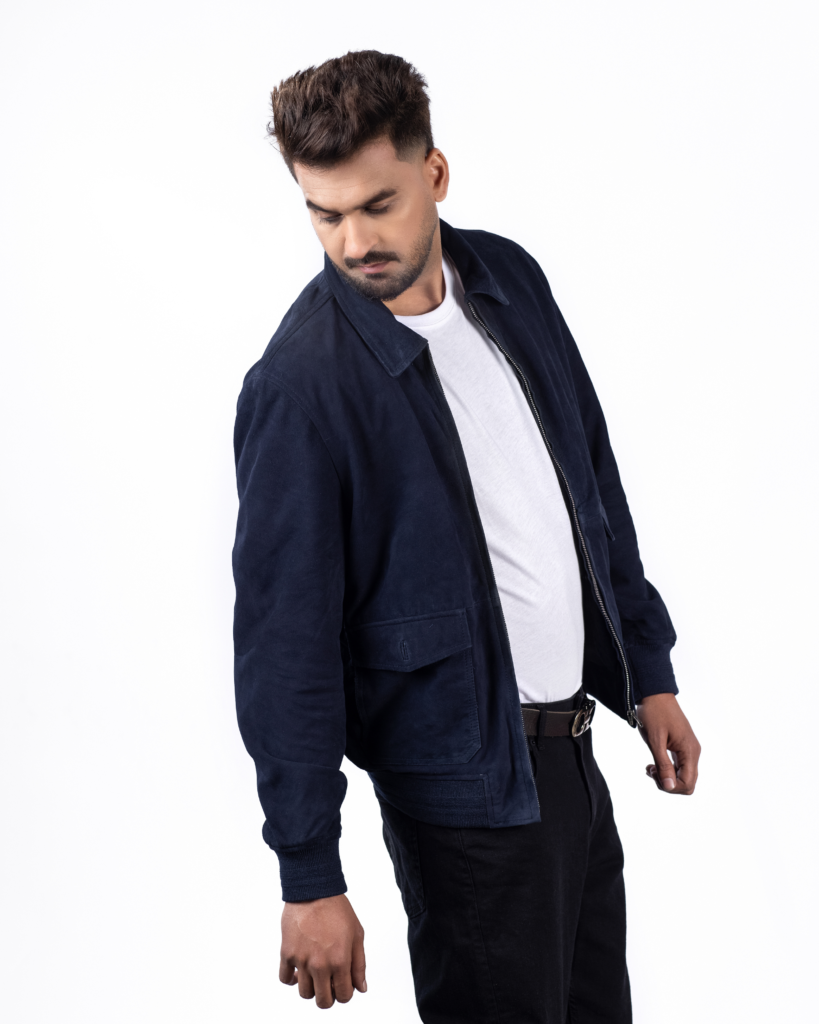 Men's Blue Suede Ribbed Jacket: Sleek Design