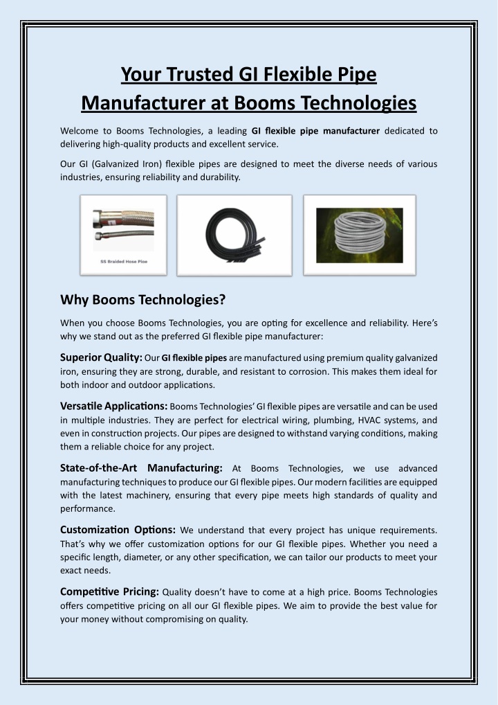 PPT - Your Trusted GI Flexible Pipe Manufacturer at Booms Technologies PowerPoint Presentation - ID:14632857