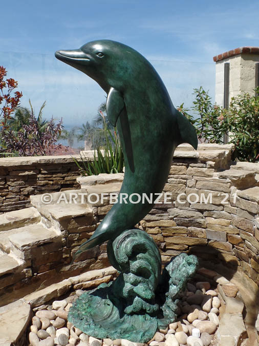 Bronze Dolphin Statue | Above the Splash Green Leaping Dolphin Fountain